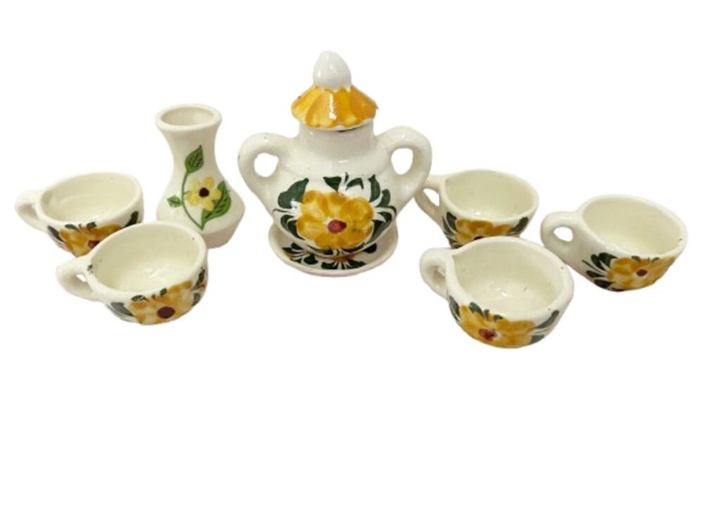 Vintage Ceramic Mini Tea Set Hand Painted Yellow Floral Pitcher Cups Vase As-Is